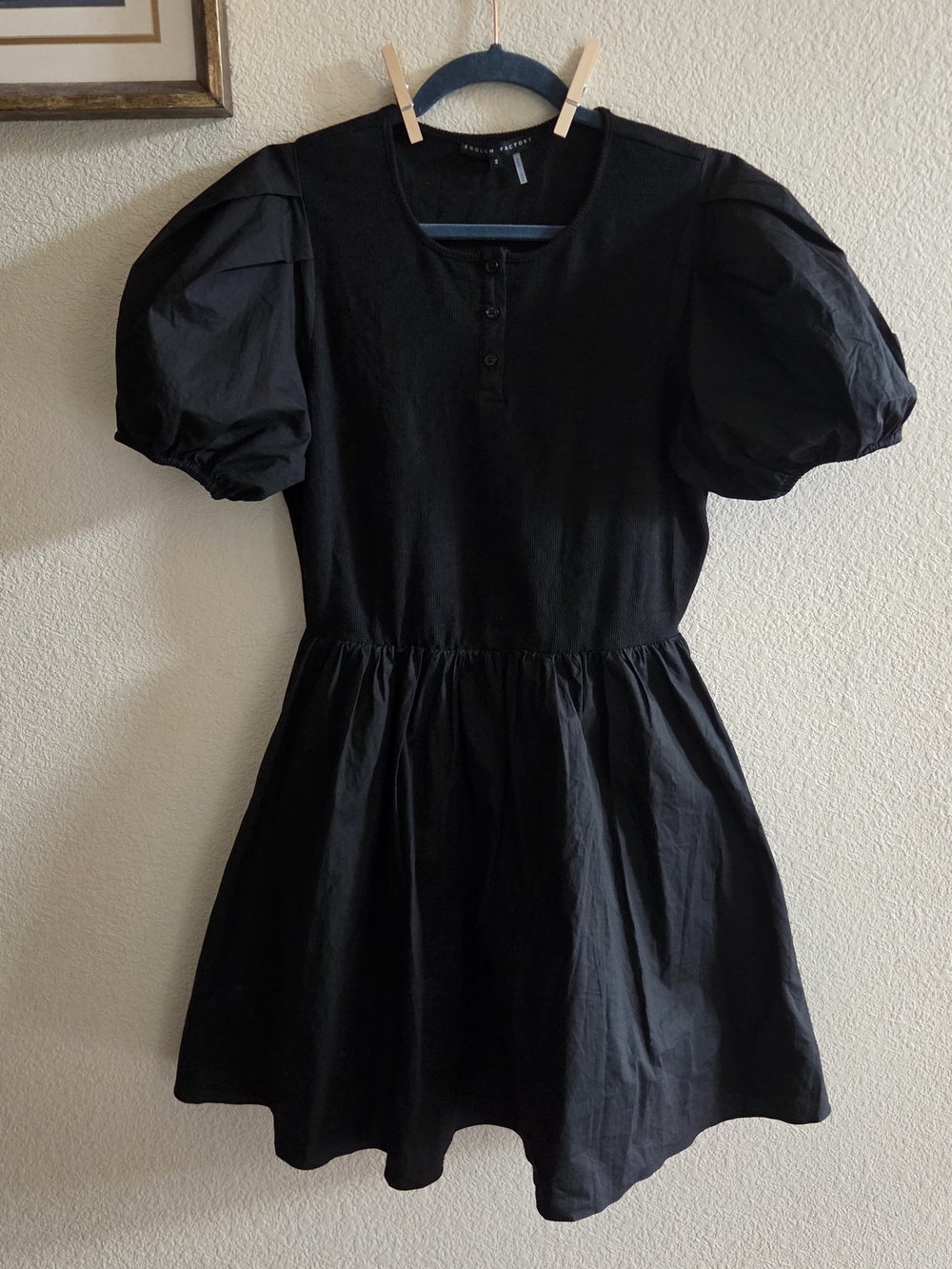 English Factory Black Puff Sleeve Henley Mini Dress